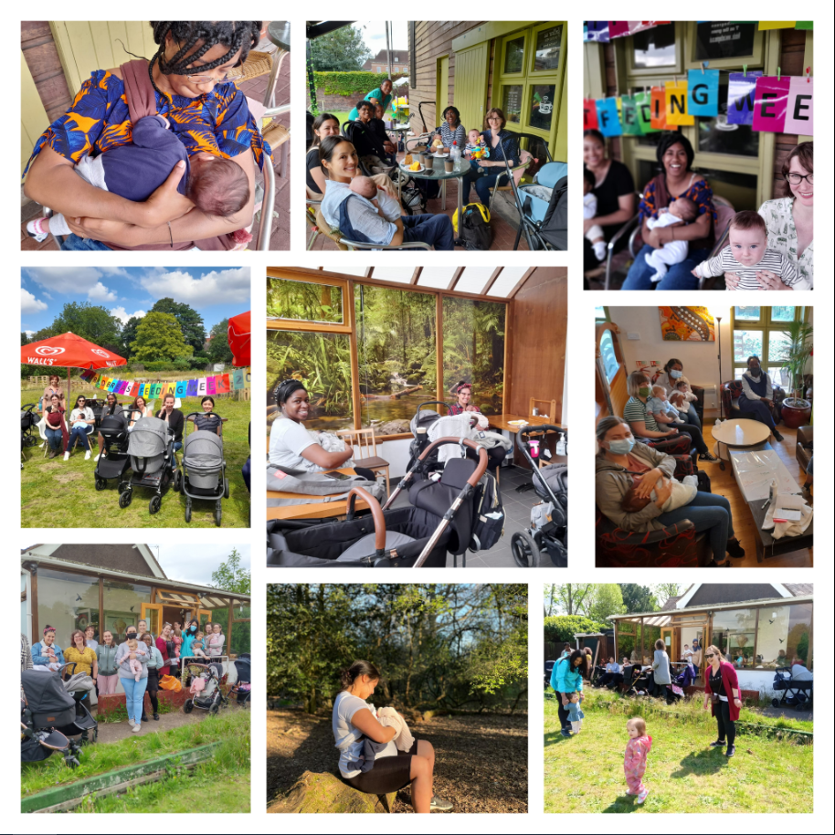 collage of bright images showing parents breastfeeding at a community cafe