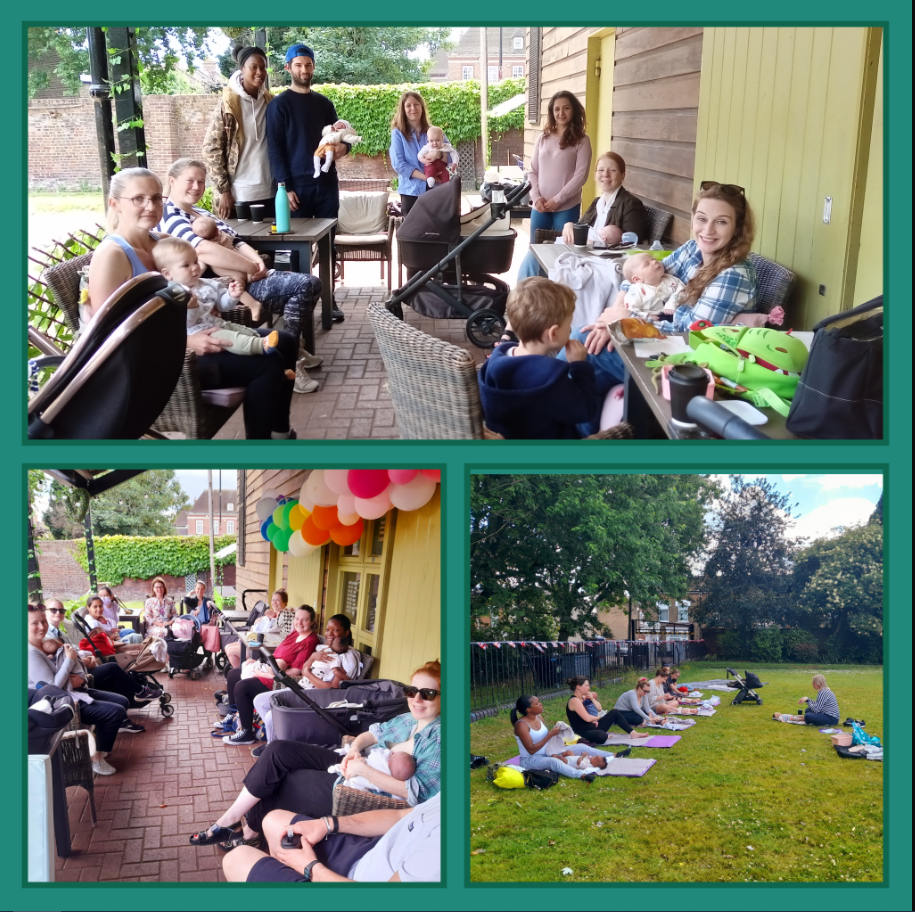 collage of bright images showing parents breastfeeding at a community cafe