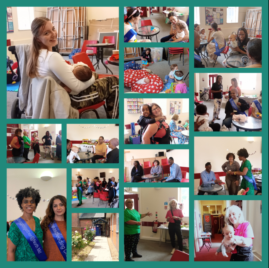 collage of bright images showing parents breastfeeding at a community cafe