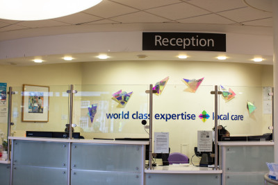 A reception desk at the Royal Free Hospital